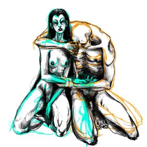 Print obra digital dibujo pareja arte ague dos huecos es un dibujo artístico abstracto y colorido que presenta dos figuras humanas estilizadas. Una de las figuras tiene un rectángulo gris opaco sobre su cabeza, ocultando los detalles faciales. Las figuras están delineadas con líneas negras gruesas y tienen sombreados en colores turquesa y amarillo. Hay líneas dinámicas alrededor de las figuras, sugiriendo movimiento o energía.