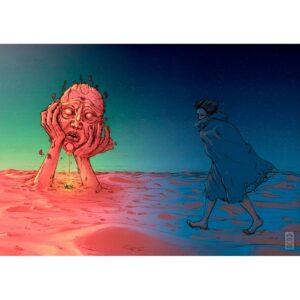 La imagen muestra a una persona caminando en un desierto onirico a la derecha, a la izquierda un objeto grande, que es una cabeza humana llorando, sostenida por dos manos grandes que emergen desde el suelo. La imagen tiene un tono artistico y utiliza colores vibrantes para representar la escena. El personaje lleva una tunica azul, caminando hacia la gran cabeza que deja caer un chorro de agua desde sus ojos. Donde cae el agua crece vegetacion. El fondo muestra un cielo estrellado que se mezcla con los colores calidos del amanecer o atardecer, creando un efecto visual impresionante.