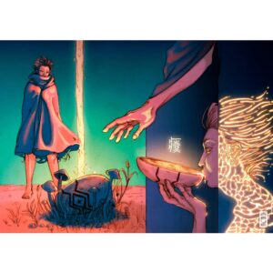 Esta obra de arte ilustra una escena nocturna en la que un personaje envuelto en una tela esta parado cerca de un chorro de agua luminosa que cae sobre un tazon o mascara. Luego el mismo personaje, que parece estar hecho de luz, esta sosteniendo un tazon y bebiendo esta agua. El ambiente es misterioso y etereo. La paleta de colores es rica en tonos azules y dorados, creando una atmosfera mistica. En el fondo se observan plantas silvestres y hongos que crecen alrededor del agua que se desborda y los simbolos en el suelo. El personaje parece estar involucrados en algun tipo de ritual o evento significativo. La imagen es muy evocadora y sugiere una historia interesante.