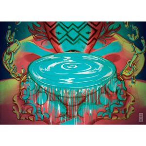 Esta obra es una ilustracion colorida que presenta un fuente de agua en el centro, suspendida entre las grandes manos de una figura que lleva una mascara con el simbolo "nge-nge" de la cultura mapuche. El cuerpo central de agua de azul turquesa que fluye o gotea desde los bordes. El cuerpo de la figura humana tiene caracteristicas organicas y geometricas mezcladas de colores vibrantes como rojo, amarillo y verde., rodeada de cadenas suspendidas y derretidas o disueltas, creando una sensacion mistica o eterea. El fondo tiene tonos oscuros, lo que anade profundidad y contraste a la imagen. Esta obra tiene un estilo artistico unico, combinando elementos de fantasia con una paleta de colores rica para crear una escena visualmente estimulante.