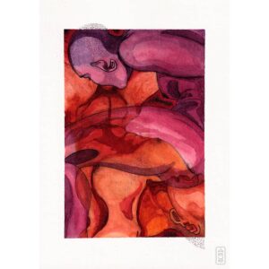 Obra de arte erotica que utiliza colores calidos y formas fluidas para crear una composicion visualmente atractiva. La pintura es predominantemente roja, naranja y purpura, con dos figuras humanas organicas y fluidas que crean un flujo visual a traves de su interaccion y transparencias que desvelan sus cuerpos entrelazados.