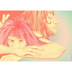 ilustracion con una paleta de colores pastel, predominantemente con tonos de rosa y verde. Hay dos personajes en la imagen, ambas mujeres de cabello largo, una esta de perfil, tiene los ojos entreabiertos y parece estar tranquilo o relajado mientras una mano acaricia su cabello. La otra esta mirando hacia adelante, mostrando una expresion determinada o enfocada. Ambos personajes estan en estrecha proximidad entre si, lo que sugiere una conexion o relacion entre ellas. La textura del fondo se asemeja a los patrones de alas de algunos insectos.