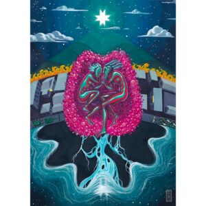 Ilustracion surrealista y colorida. En el centro de la imagen, hay una nube de burbujas rosa grande, con forma de corazon o cerebro, que contiene dos figuras humanas recostadas y enfrentadas, que unen las palmas de sus manos; sus contornos son fluidos y estan delineados en colores brillantes. El corazon esta suspendido sobre un paisaje; se ve un rio que fluye hasta el mar, de olas azules brillantes que se extienden hacia la parte inferior de la imagen. En medio, hay edificios y casas oscuras, dos ventanas iluminadas en amarillo. Por encima de la ciudad, separados por una franja de fuego, hay dos cerros simetricos, bajo un cielo nocturno estrellado. Una estrella brillante "guinelve" destaca en medio del cielo directamente arriba de toda la composicion.