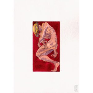 Obra artistica Atrapado creada autor ague. Print Ilustración enmarcada en un rectangulo rojo sobre un fondo blanco. Presenta una figura humana desnuda, sin identidad de genero o raza discernible, en una pose contorsionada y abstracta. La cabeza de la figura esta reemplazada por una forma semiesferica con lineas coloridas que se asemejan a un arco iris o patrones psicodelicos. El cuerpo encorvado de la figura es predominantemente rosado con sombras oscuras que definen los musculos y las curvas del cuerpo. Las manos estan colocadas en posturas de mudras, creando una sensacion introspectiva o reflexiva.
