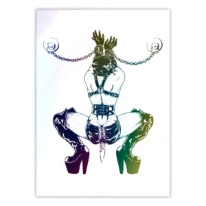 dibujo en blanco y negro, hombre sensual vestido estilo bdsm con botas largas de latex, arnes y mascara, esposado de las muñecas con cadenas a unos pezones