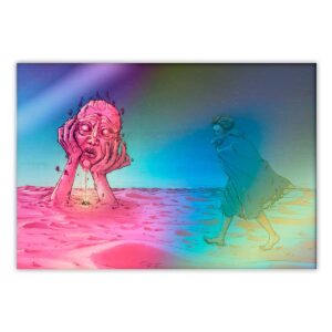 ticker tornasol obra arte dibujo colorido mistico mapuche nge nge cadenas manos mascara fuente de agua personaje desierto cabeza gigante que llora