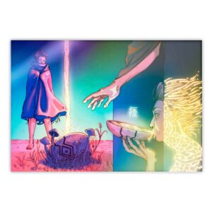 ticker tornasol obra arte dibujo colorido mistico mapuche nge nge cadenas manos mascara fuente de agua personaje luz micelio