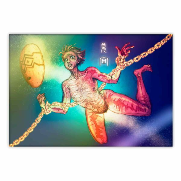 ticker tornasol obra arte dibujo colorido mistico mapuche nge nge cadenas manos mascara fuente de agua personaje