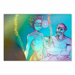 sticker tornasol obra arte dibujo colorido mistico mapuche nge nge cadenas manos mascara fuente de agua personaje