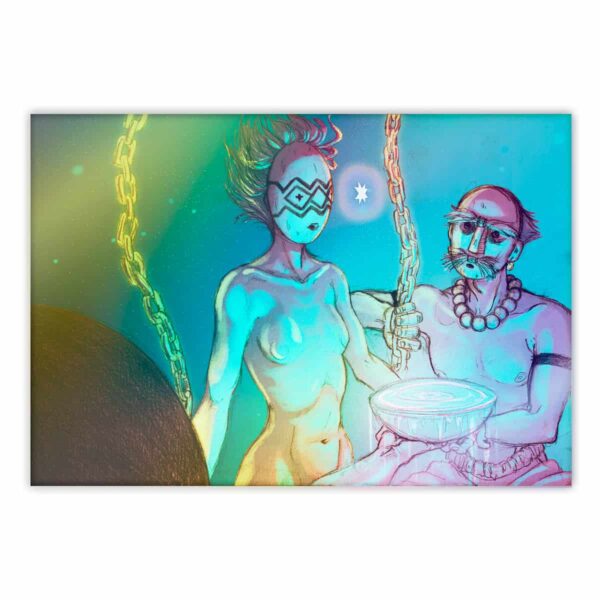 sticker tornasol obra arte dibujo colorido mistico mapuche nge nge cadenas manos mascara fuente de agua personaje