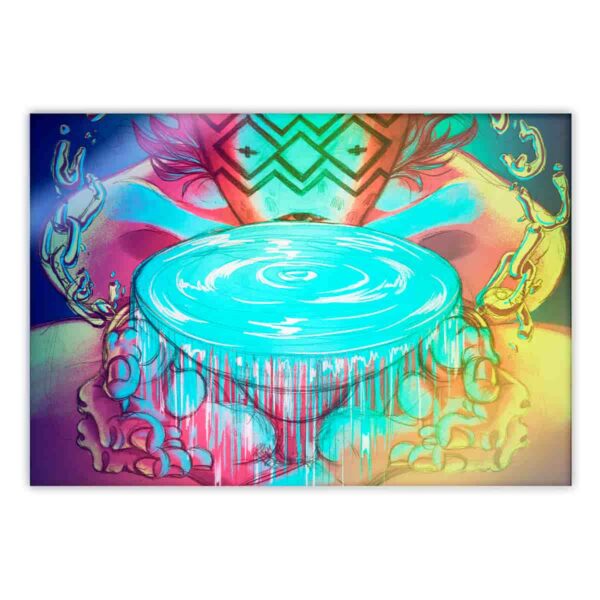 sticker tornasol obra arte dibujo colorido mistico mapuche nge nge cadenas manos mascara fuente de agua personaje