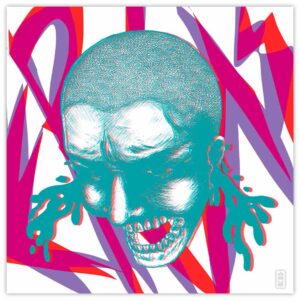 Dibujo digital creado por águe, retrata una cabeza flotante que grita, su mandibula esta al descubierto, atras unas letras dicen "crisis" sangre sale por los oidos.