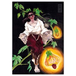 Pintura en acuarela fondo negro, flores luminosas, farolito japones, planta, figura humana con vestimentas orientales, mandibula expuesta, cabello largo, manos y pies grandes, mirada sin emociones