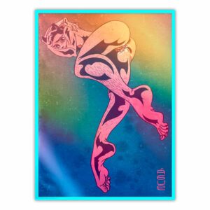 Sticker tornasol mujer atractiva con orejas de gato desnuda colores rojos y turquesas