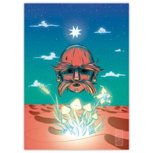 ilustracion digital mascara flotando en medio del desierto nocturno estrella guñelve arriba, nubes y estrellas, abajo un brote de plantas y hongos luminosos kollon mapuche
