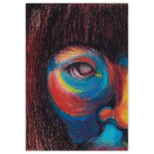 Obra pintura en lapices pastel rostro humano colorido, mirada perdida en el tiempo