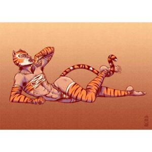 Dibujo digital hombre disfrazado de trigre sexy pose sensual tonos naranjos patron oriental